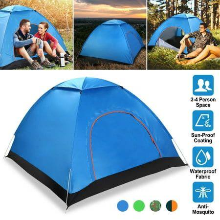 Carpa camping 3-4 personas azul con características: impermeable, anti-sol, anti-mosquitos