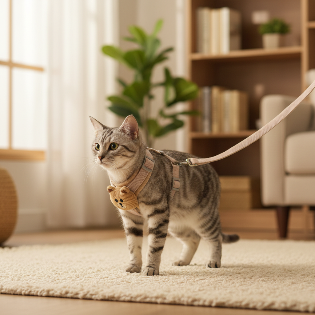 Arnés para gato con osito - lifestyle gato paseando