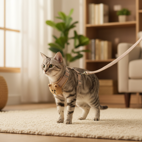 Arnés para gato con osito - lifestyle gato paseando