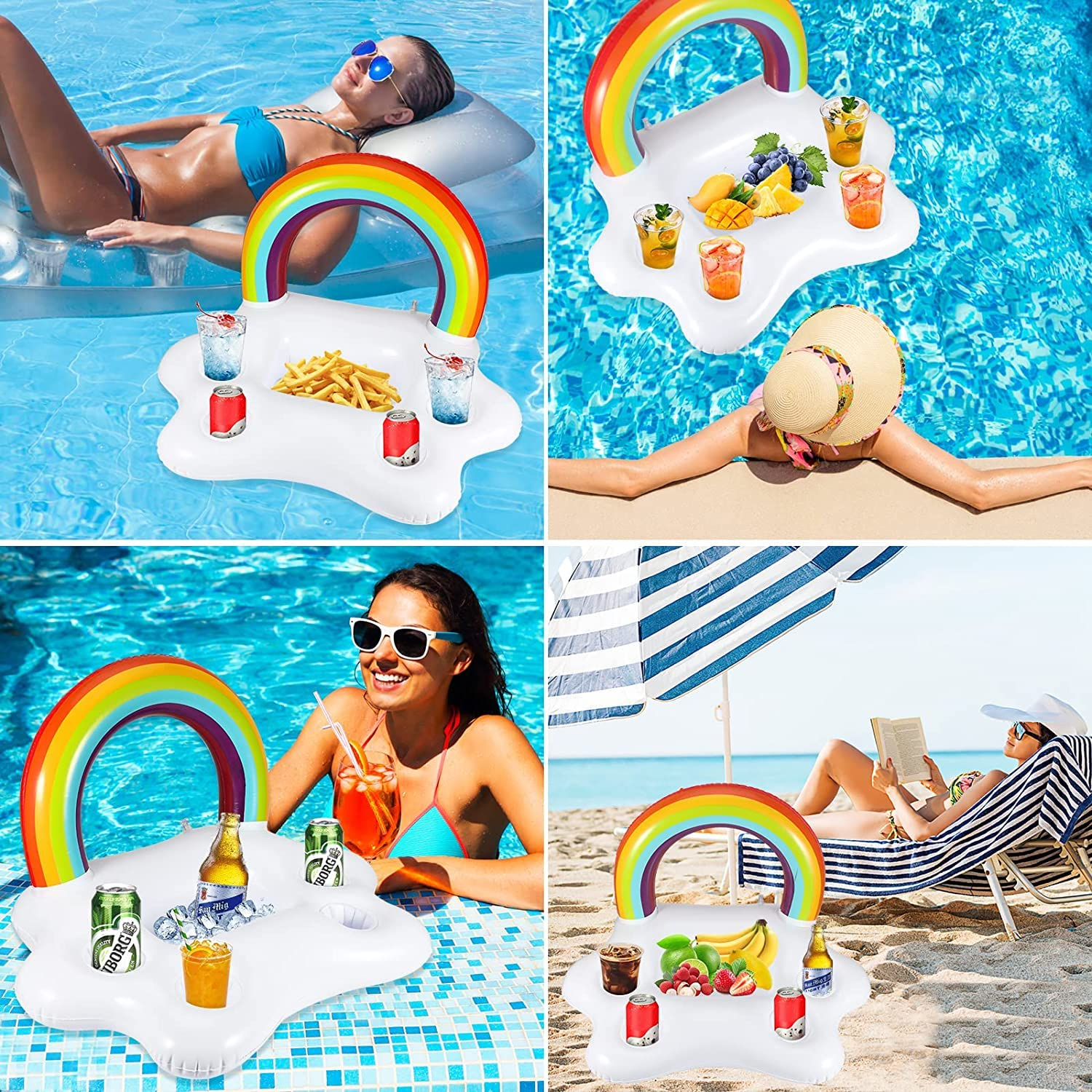 Flotador portavasos arcoíris - múltiples usos en piscina y playa