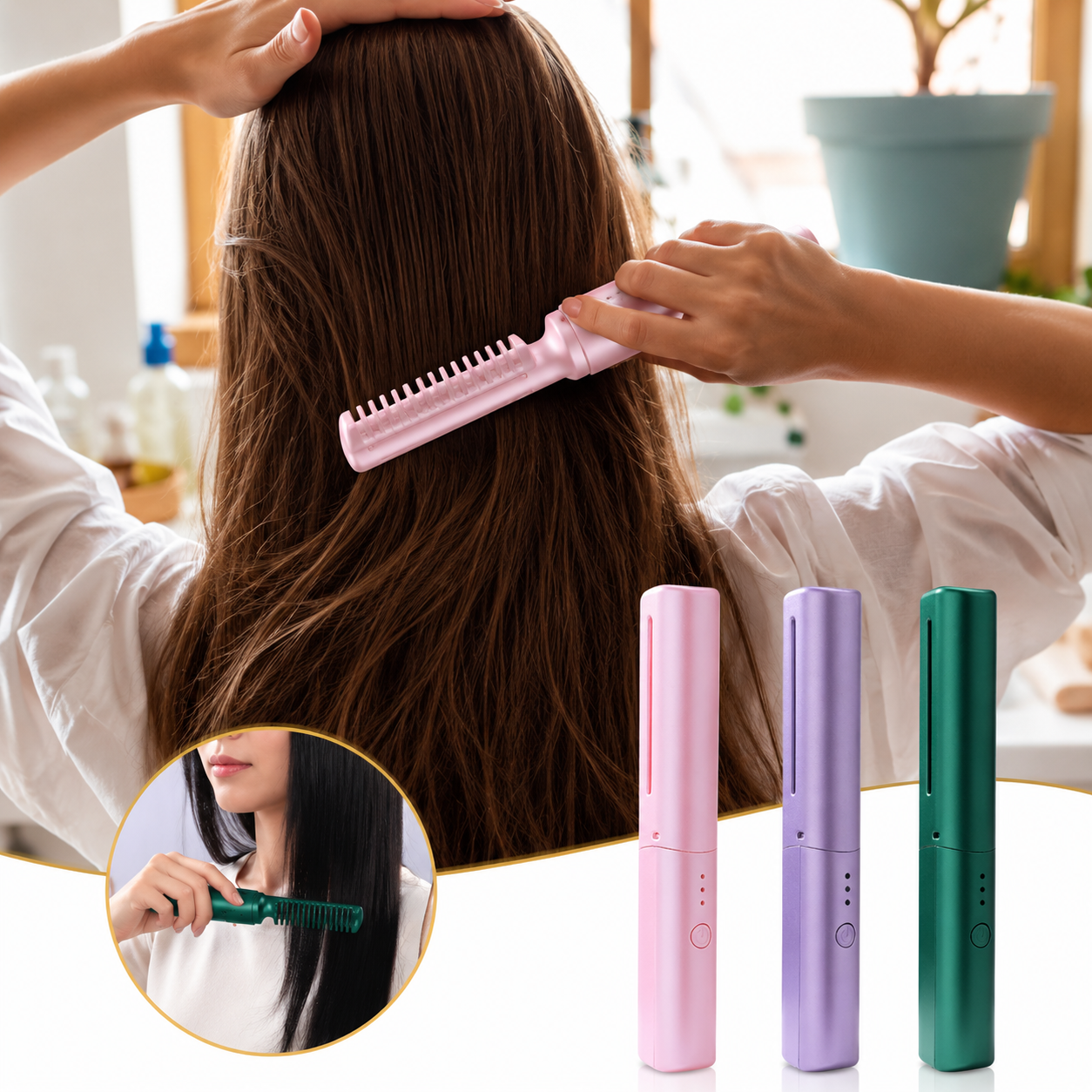 Mini Peine Alisador Portátil Inalámbrico - colores rosa, lila y verde