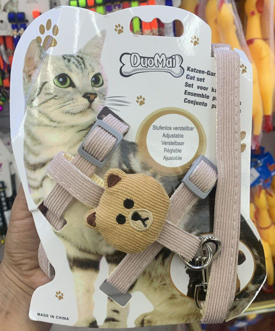 Arnés y correa para gato color beige con osito de peluche - DuoMai