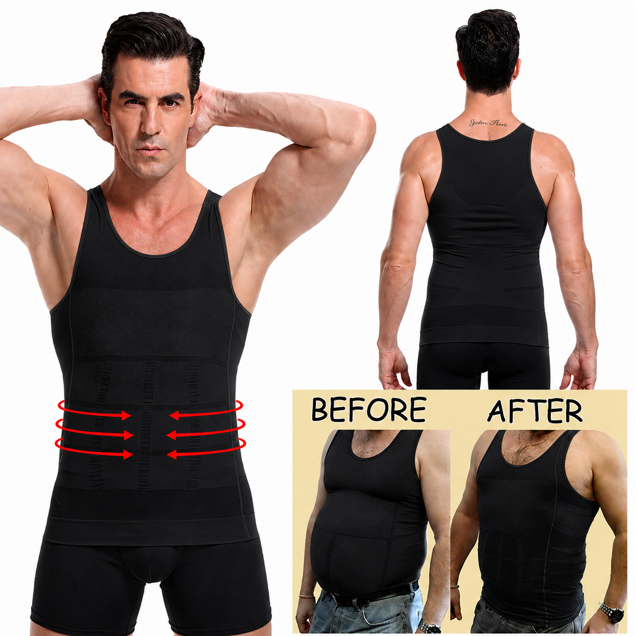 Chaleco de compresión moldeador - antes y después, control de abdomen