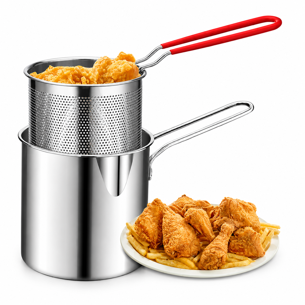 Mini Olla Freidora Con Cesta Coladora - vista principal con pollo frito