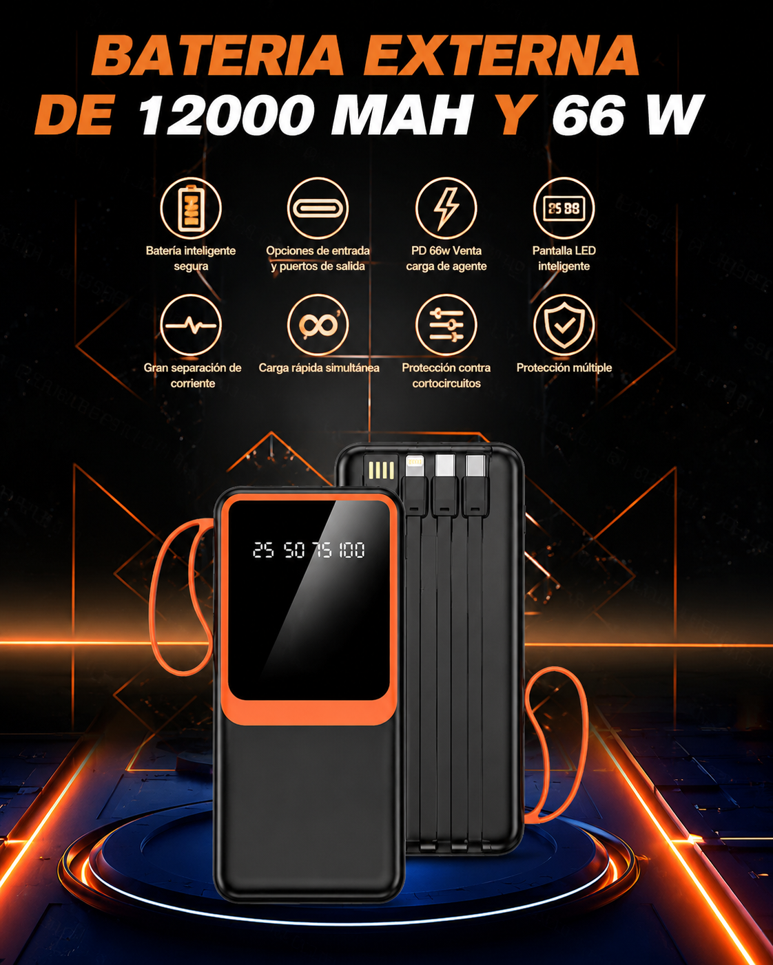 Power Bank 3 en 1 – 20000mAh con Cables Integrados y Pantalla LED