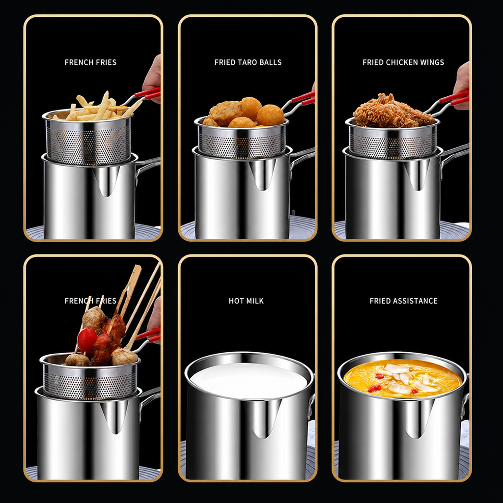 Mini Olla Freidora Con Cesta Coladora - usos: papas fritas, bolas de taro, alitas, leche caliente