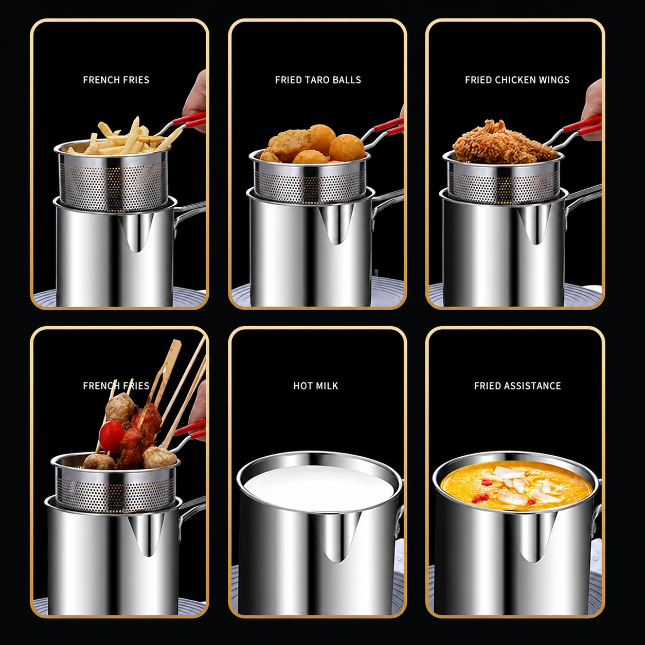 Mini Olla Freidora Con Cesta Coladora - usos: papas fritas, bolas de taro, alitas, leche caliente