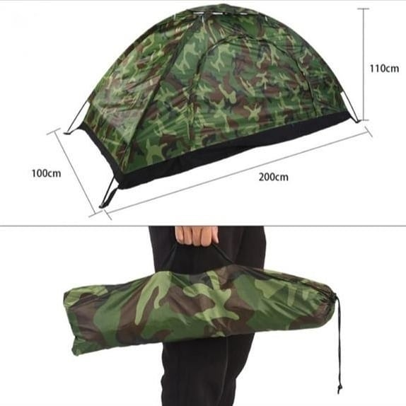 Carpa camping 2 personas camuflaje con dimensiones 200x100x110cm y bolsa de transporte