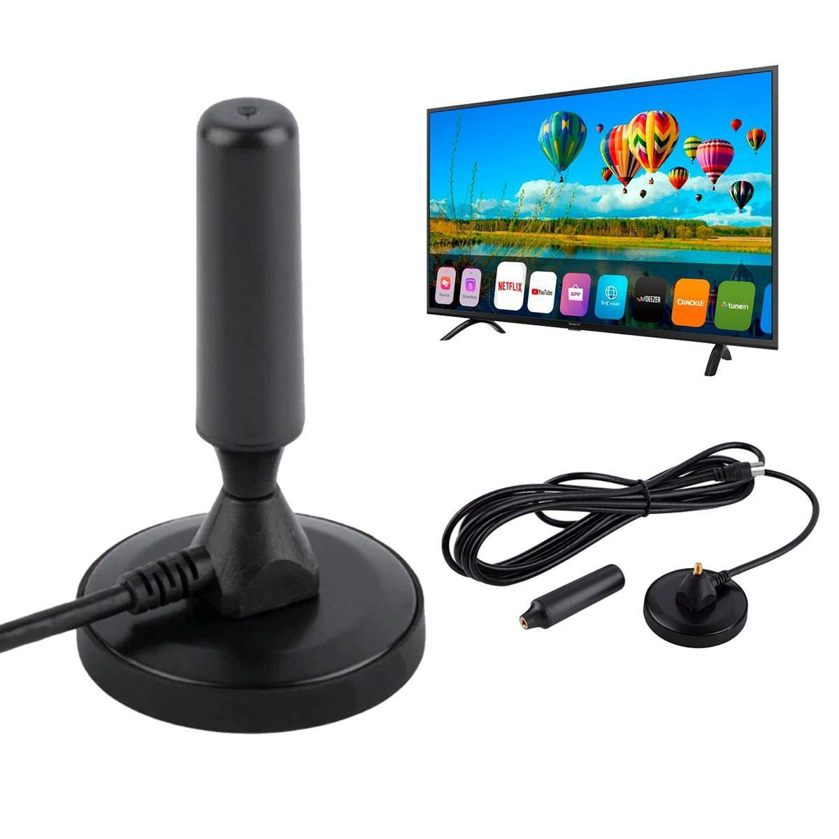 Antena digital HD negra para TV con base y cable de conexión